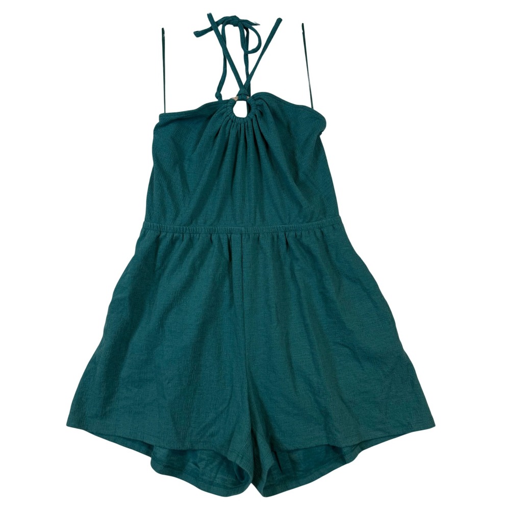 Old Navy Womens Teal Green Halter O-Ring Textured Knit Romper •L• Coastal Boho